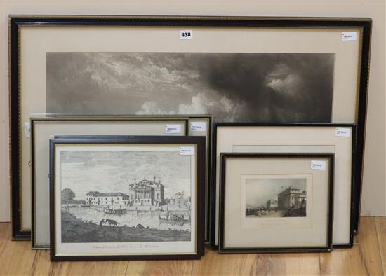 A collection of black and white prints, including a mezzotint by Norman Hirst (1862-1956)